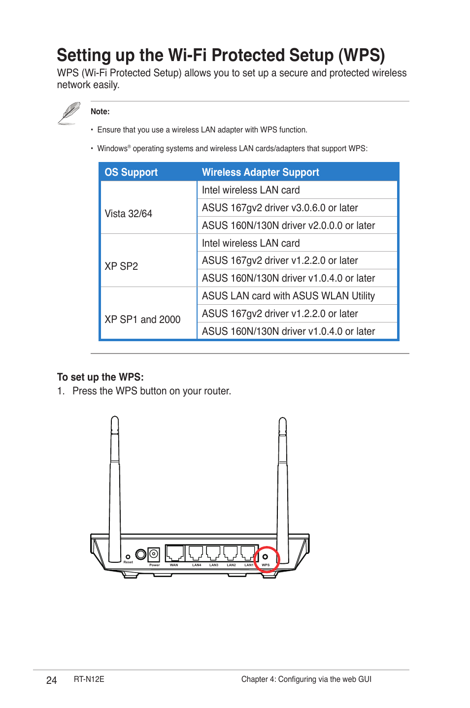 Setting up the wi-fi protected setup (wps) | Asus RT-N12E User Manual | Page 24 / 46