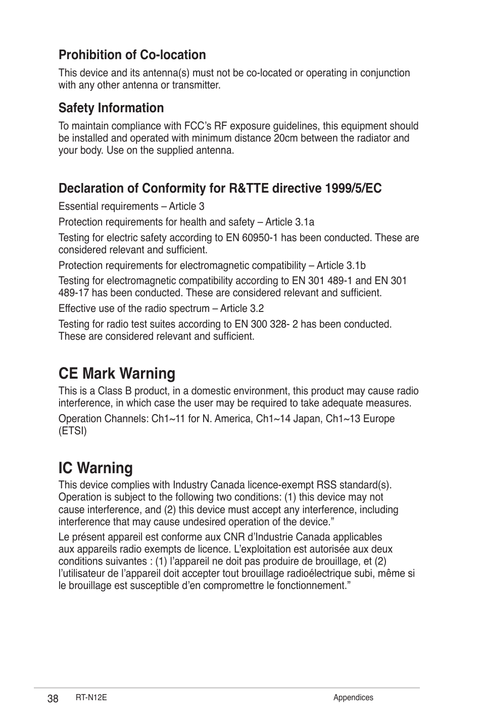 Ce mark warning, Ic warning, Prohibition of co-location | Safety information | Asus RT-N12E User Manual | Page 38 / 46