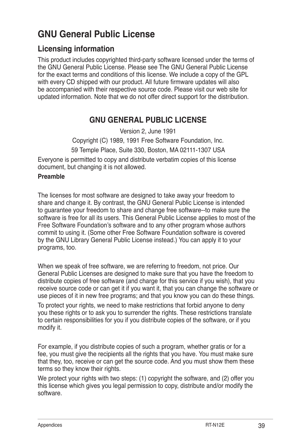 Gnu general public license, Licensing information | Asus RT-N12E User Manual | Page 39 / 46