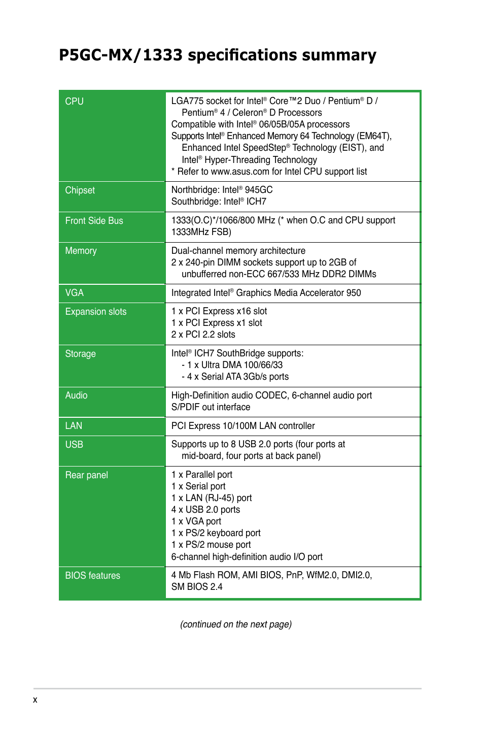 Asus P5GC-MX/1333 User Manual | Page 10 / 92