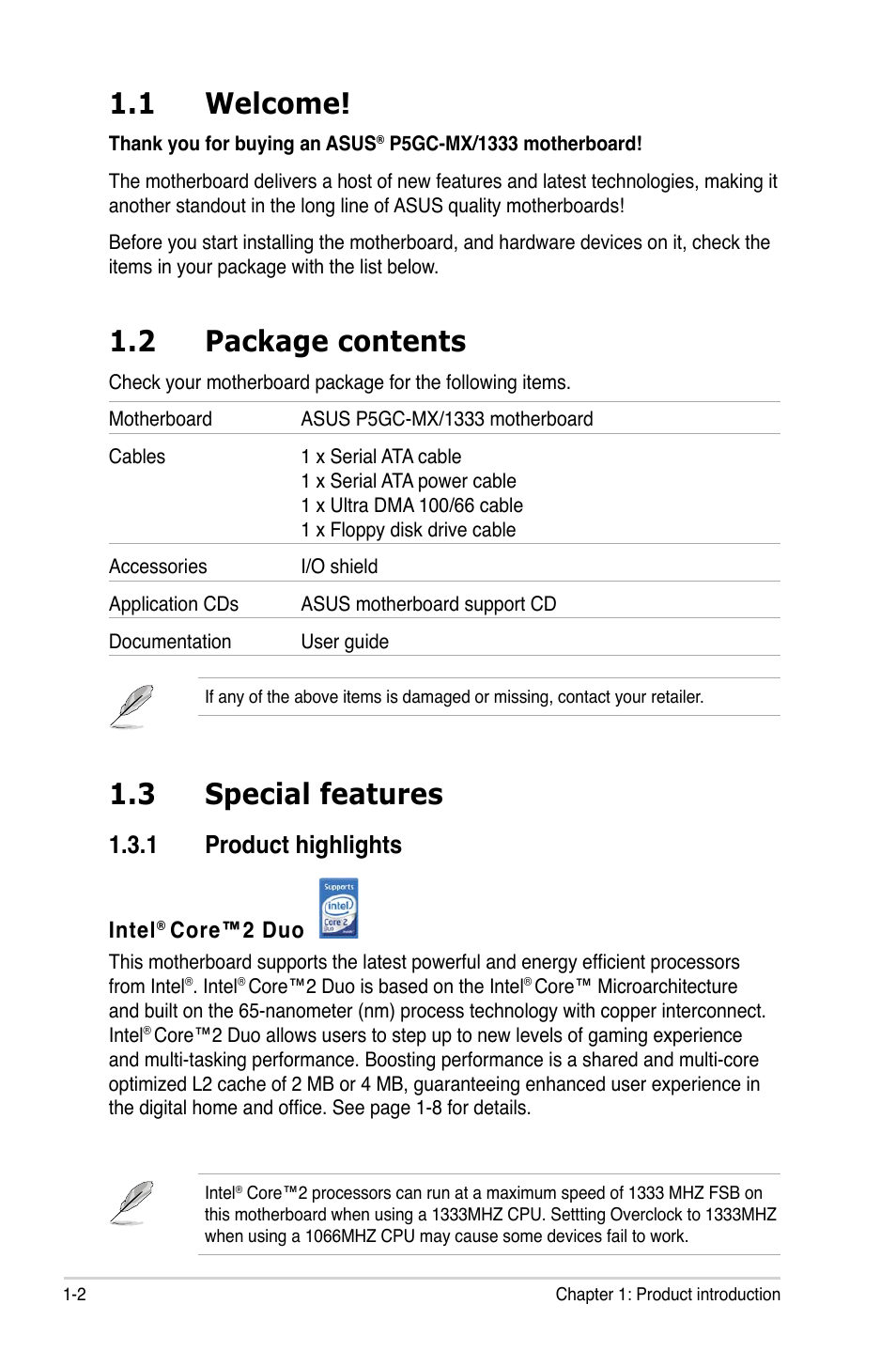 1 welcome, 2 package contents, 3 special features | 1 product highlights | Asus P5GC-MX/1333 User Manual | Page 14 / 92