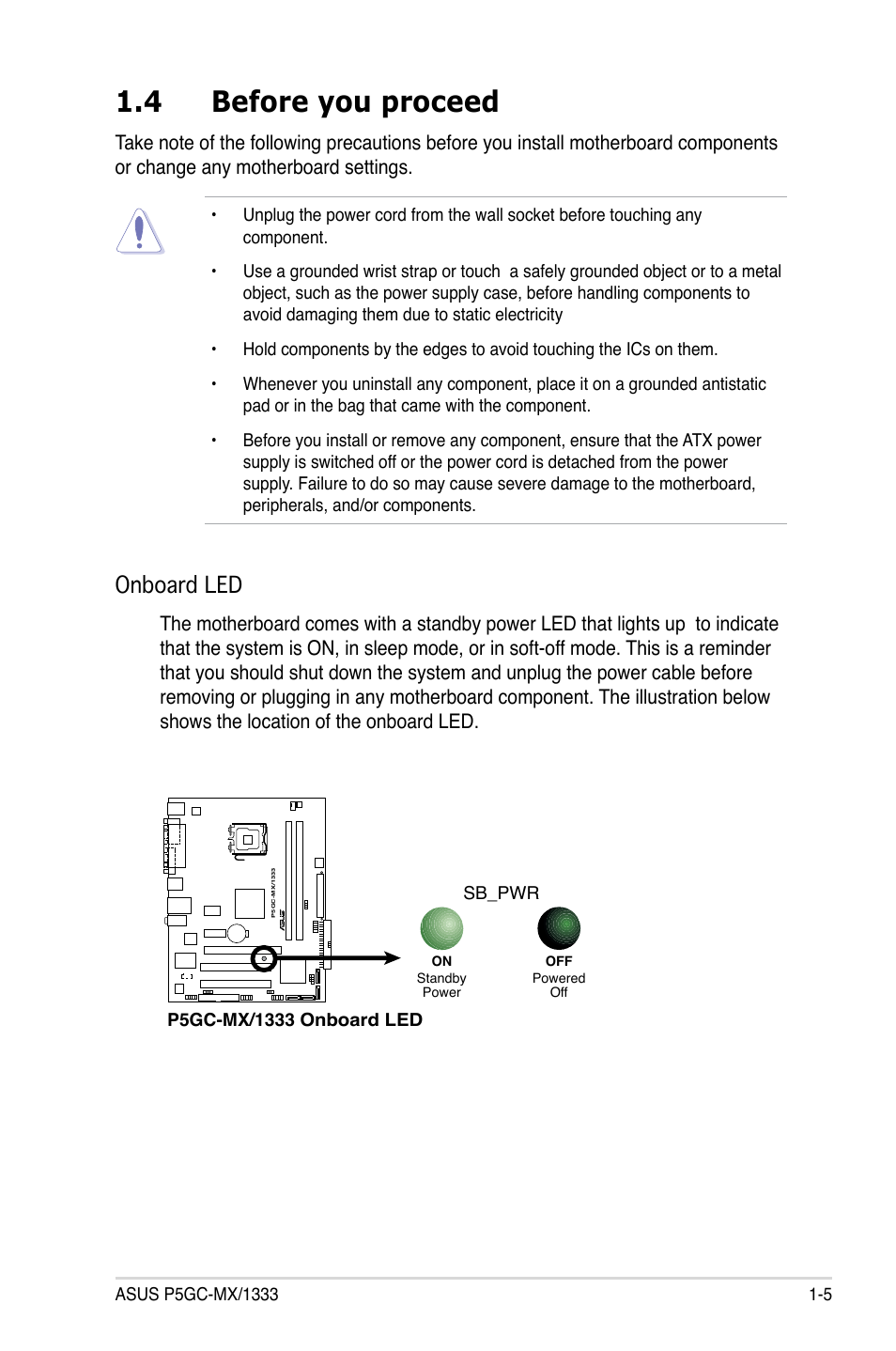 4 before you proceed, Onboard led | Asus P5GC-MX/1333 User Manual | Page 17 / 92