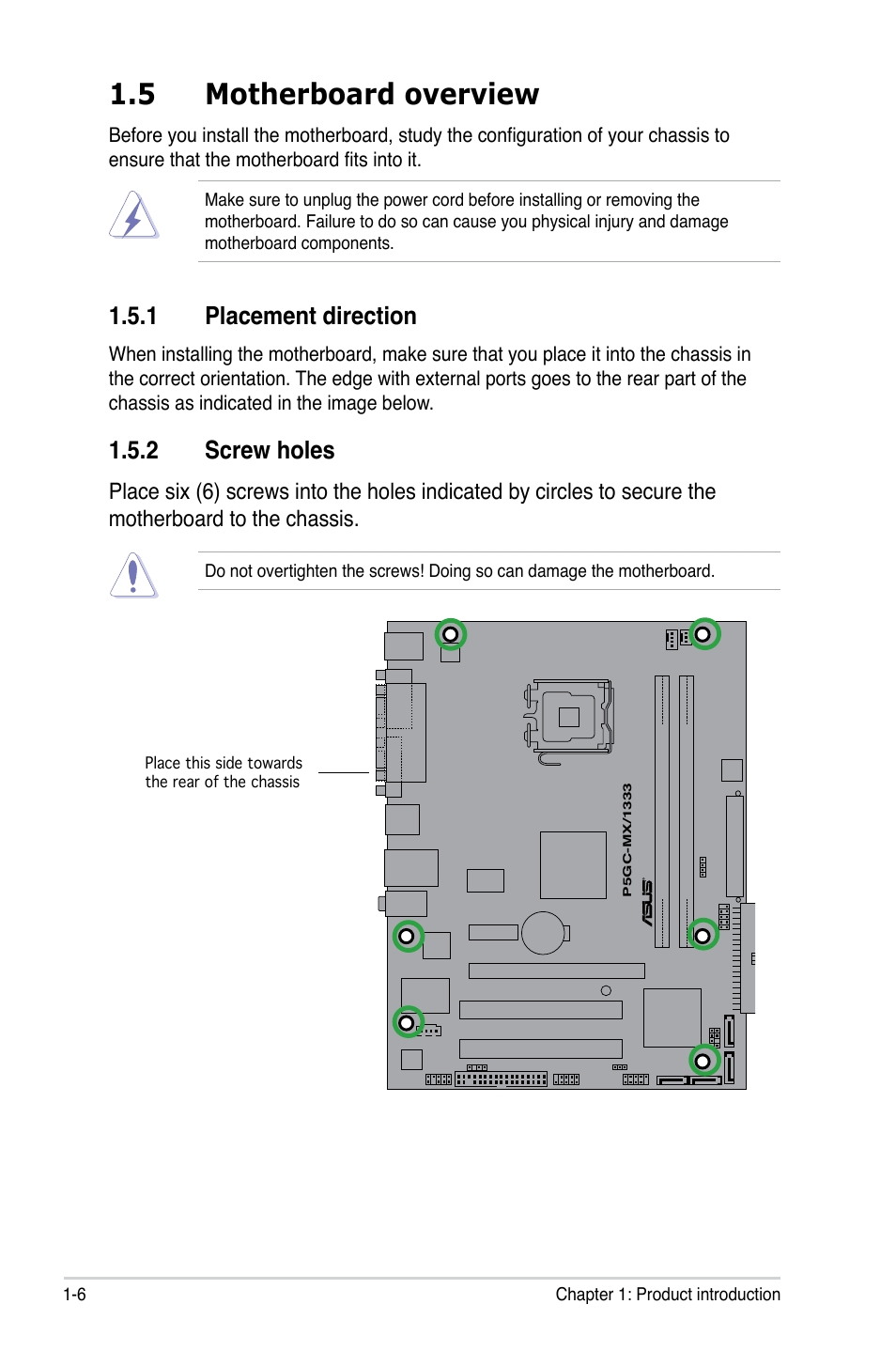 5 motherboard overview, 1 placement direction, 2 screw holes | Asus P5GC-MX/1333 User Manual | Page 18 / 92