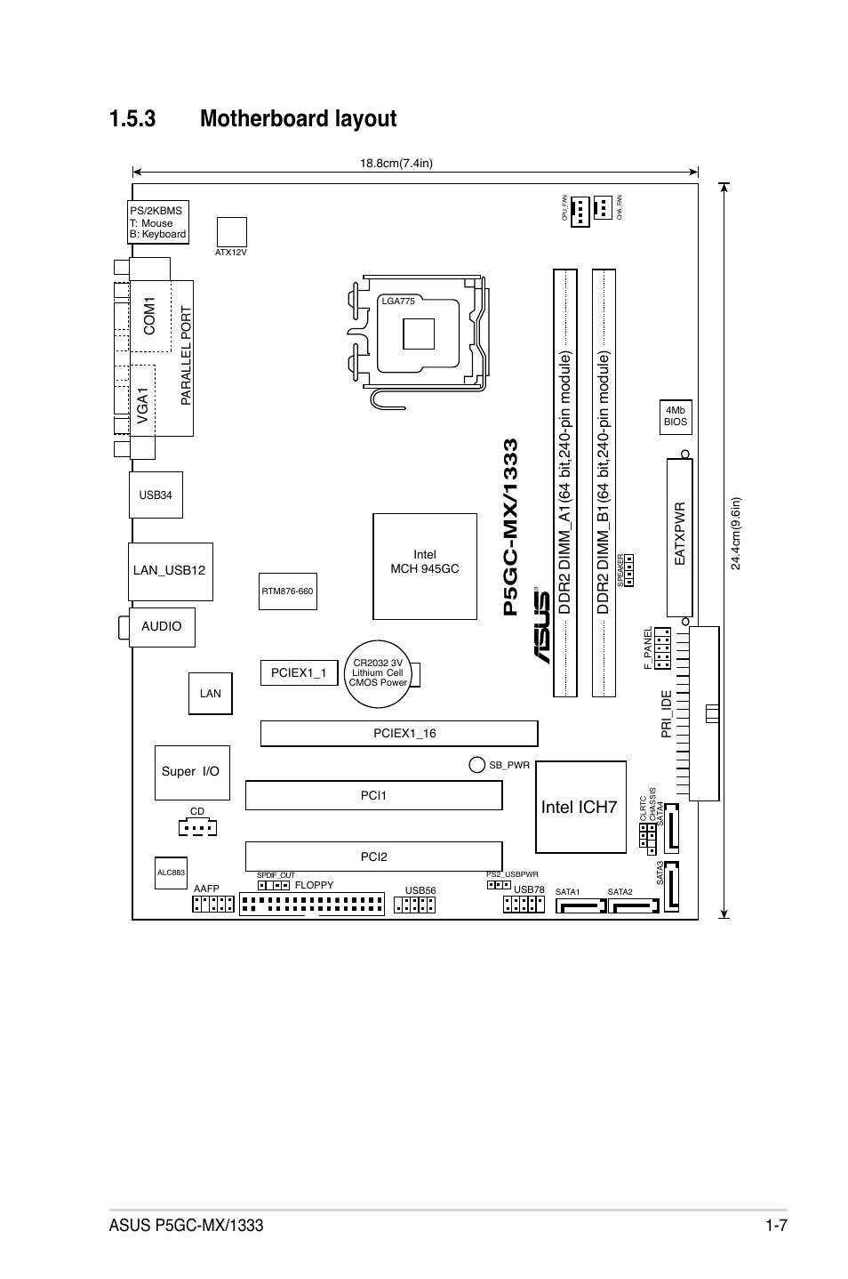 3 motherboard layout, Intel ich7 | Asus P5GC-MX/1333 User Manual | Page 19 / 92