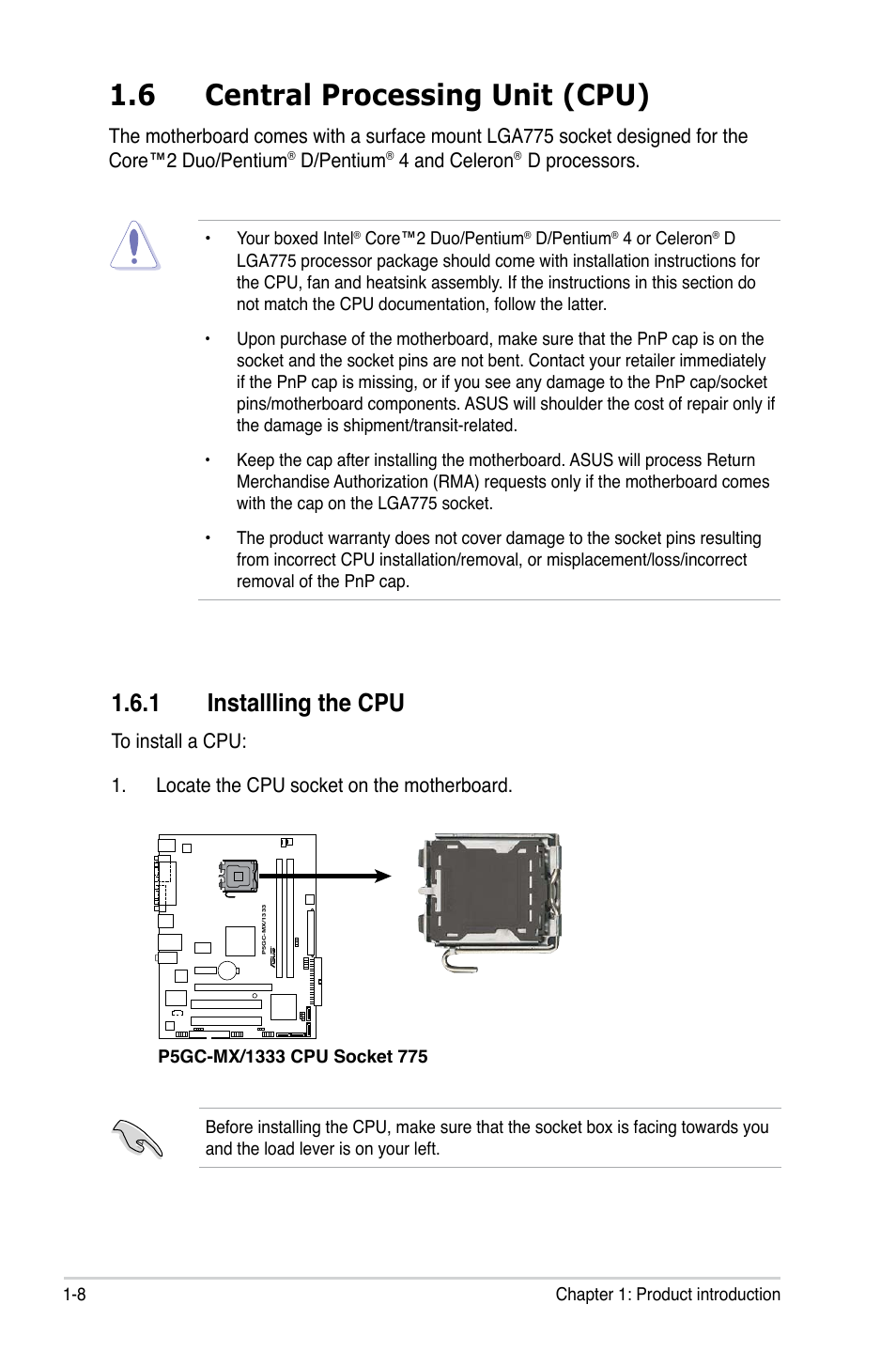 6 central processing unit (cpu), 1 installling the cpu | Asus P5GC-MX/1333 User Manual | Page 20 / 92