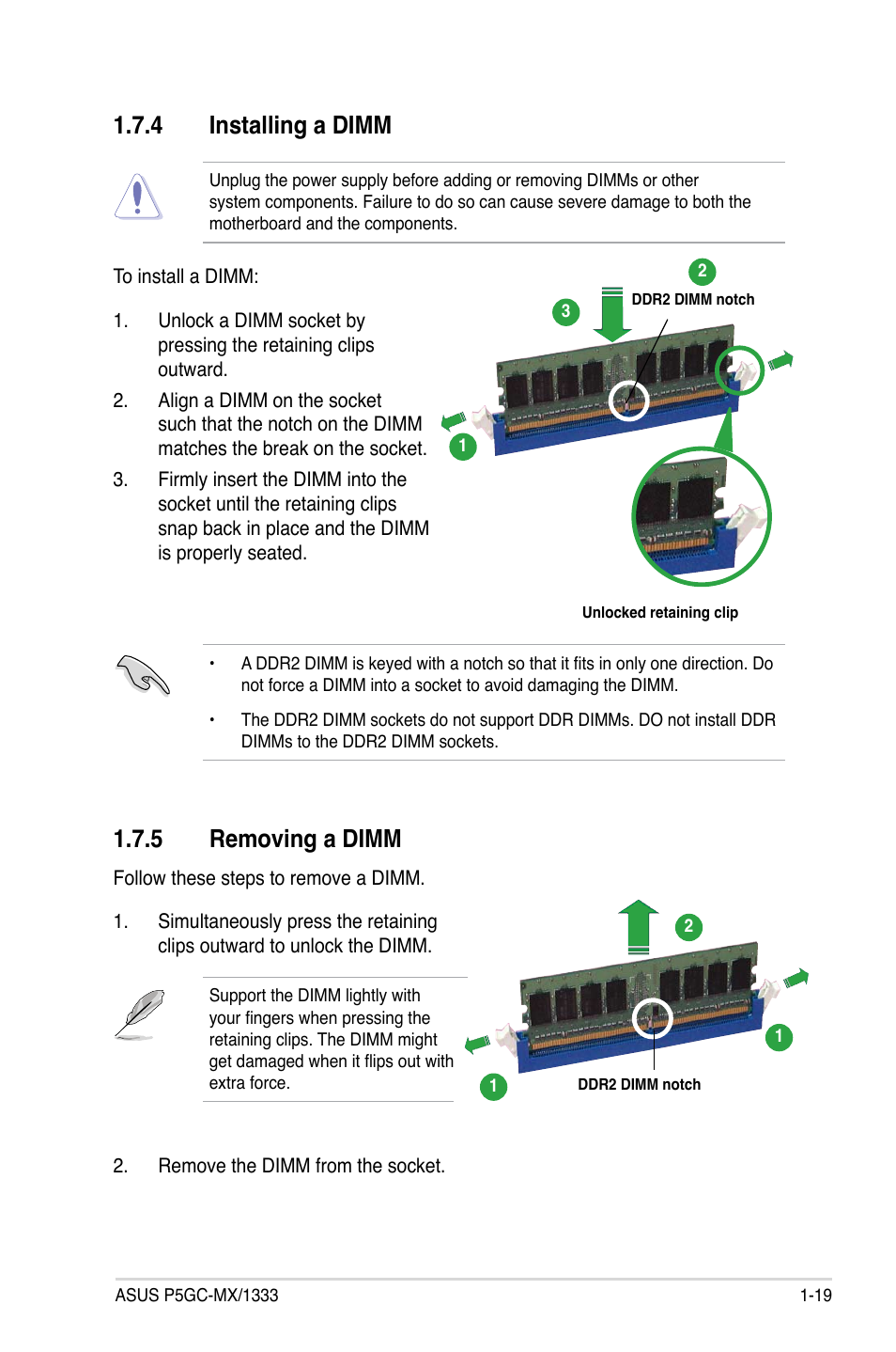 4 installing a dimm, 5 removing a dimm | Asus P5GC-MX/1333 User Manual | Page 31 / 92