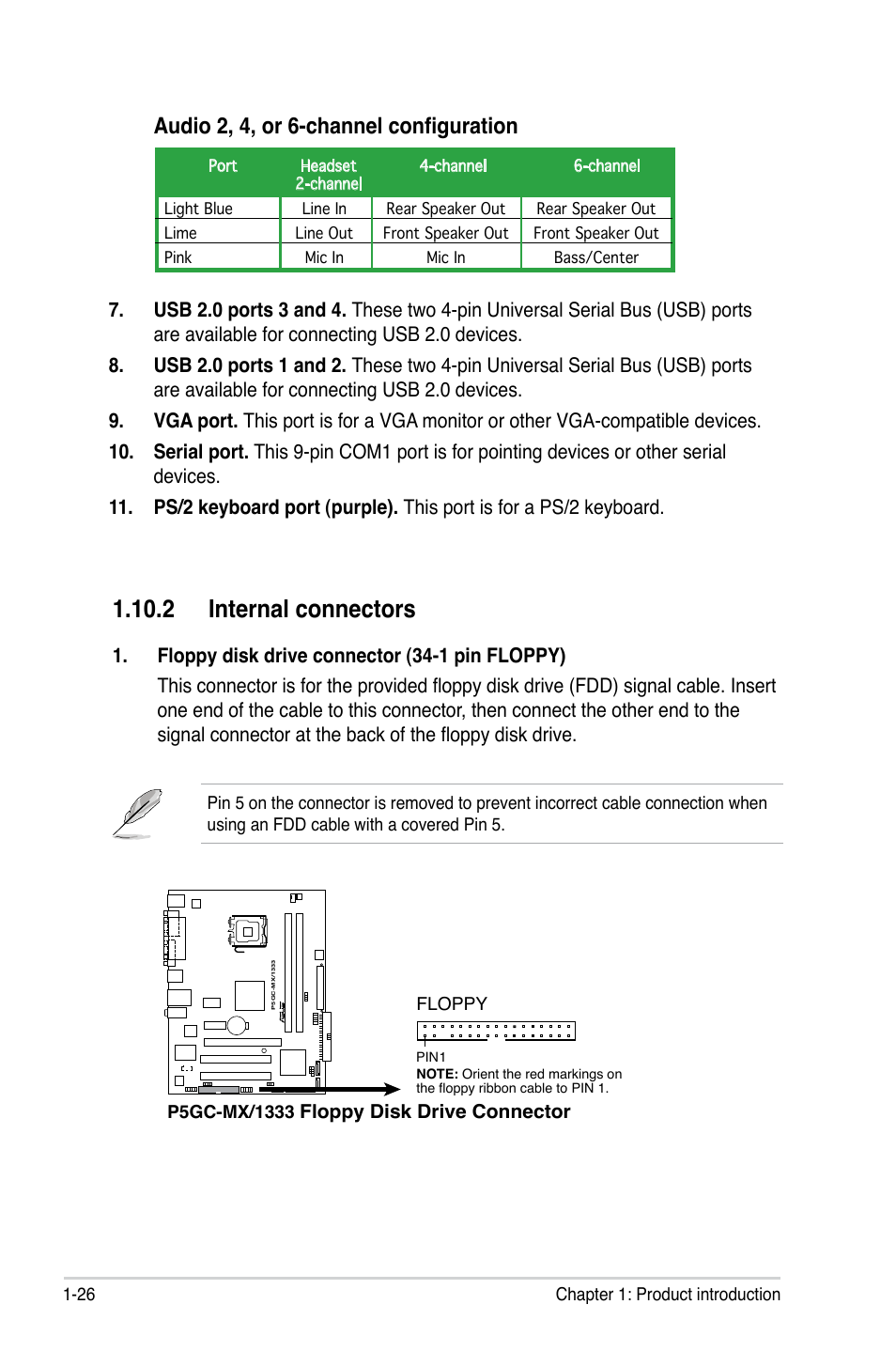 2 internal connectors, Audio 2, 4, or 6-channel configuration | Asus P5GC-MX/1333 User Manual | Page 38 / 92