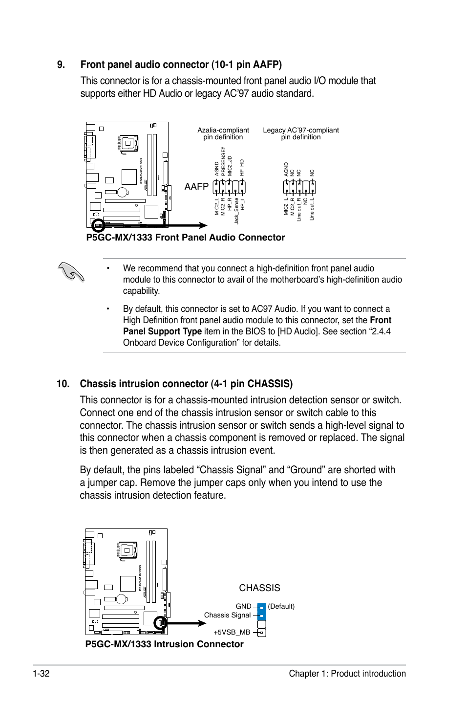 32 chapter 1: product introduction, Aafp | Asus P5GC-MX/1333 User Manual | Page 44 / 92