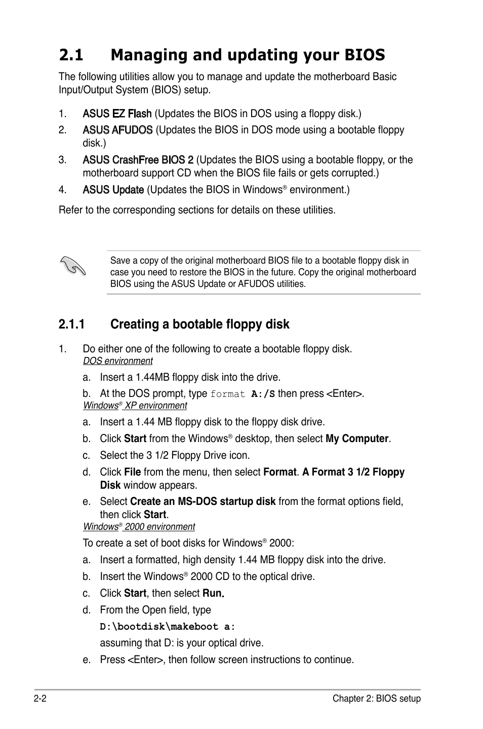 1 managing and updating your bios, 1 creating a bootable floppy disk | Asus P5GC-MX/1333 User Manual | Page 48 / 92