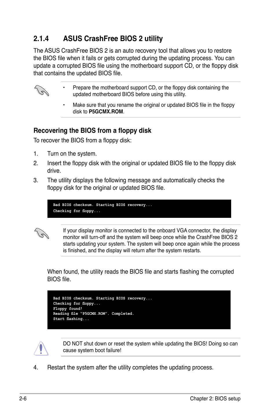 4 asus crashfree bios 2 utility, Recovering the bios from a floppy disk | Asus P5GC-MX/1333 User Manual | Page 52 / 92