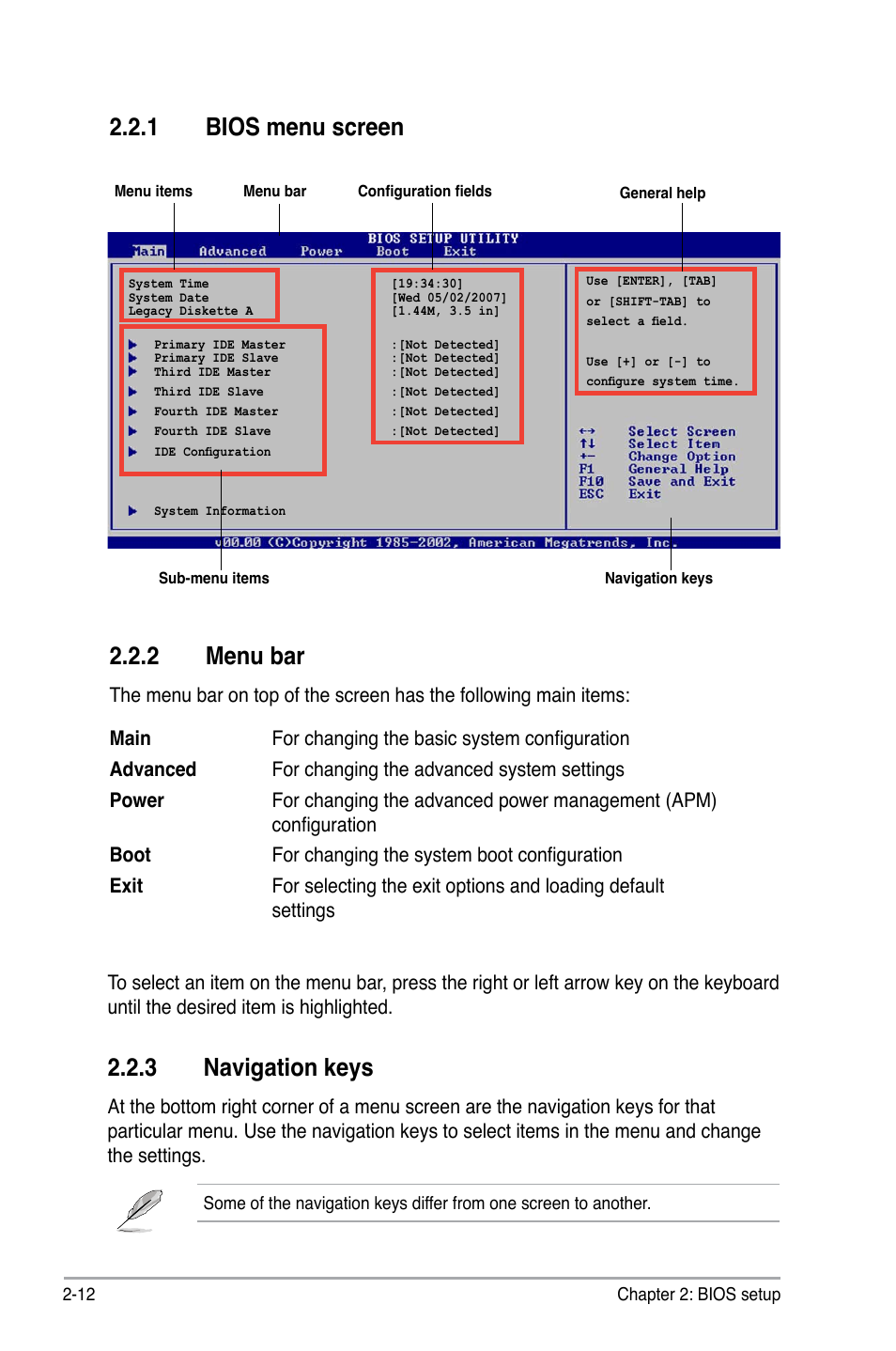 2 menu bar, 1 bios menu screen, 3 navigation keys | Asus P5GC-MX/1333 User Manual | Page 58 / 92