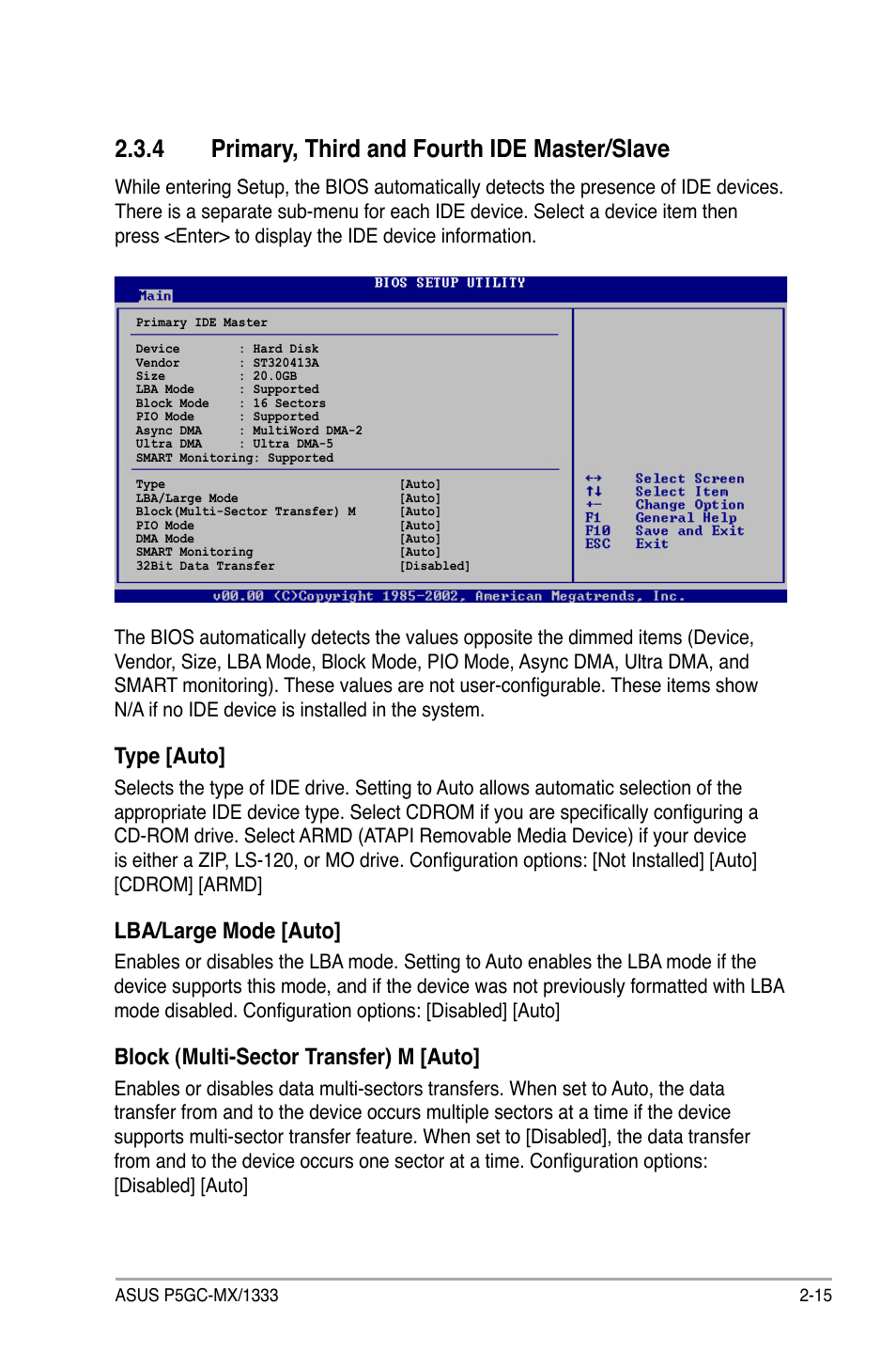 4 primary, third and fourth ide master/slave, Type [auto, Lba/large mode [auto | Block (multi-sector transfer) m [auto | Asus P5GC-MX/1333 User Manual | Page 61 / 92