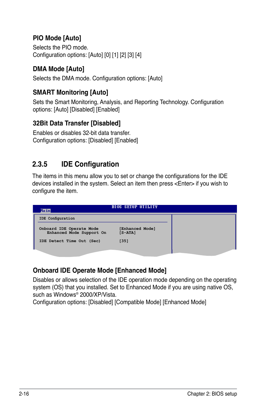 5 ide configuration, Pio mode [auto, Dma mode [auto | Smart monitoring [auto, 32bit data transfer [disabled, Onboard ide operate mode [enhanced mode | Asus P5GC-MX/1333 User Manual | Page 62 / 92