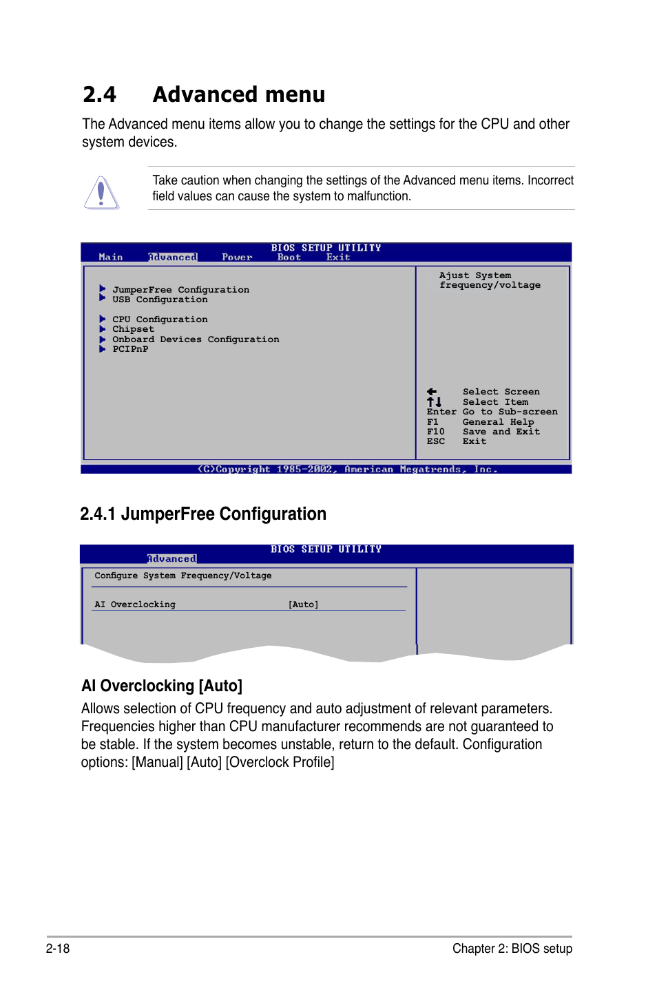 4 advanced menu, 1 jumperfree configuration, Ai overclocking [auto | Asus P5GC-MX/1333 User Manual | Page 64 / 92