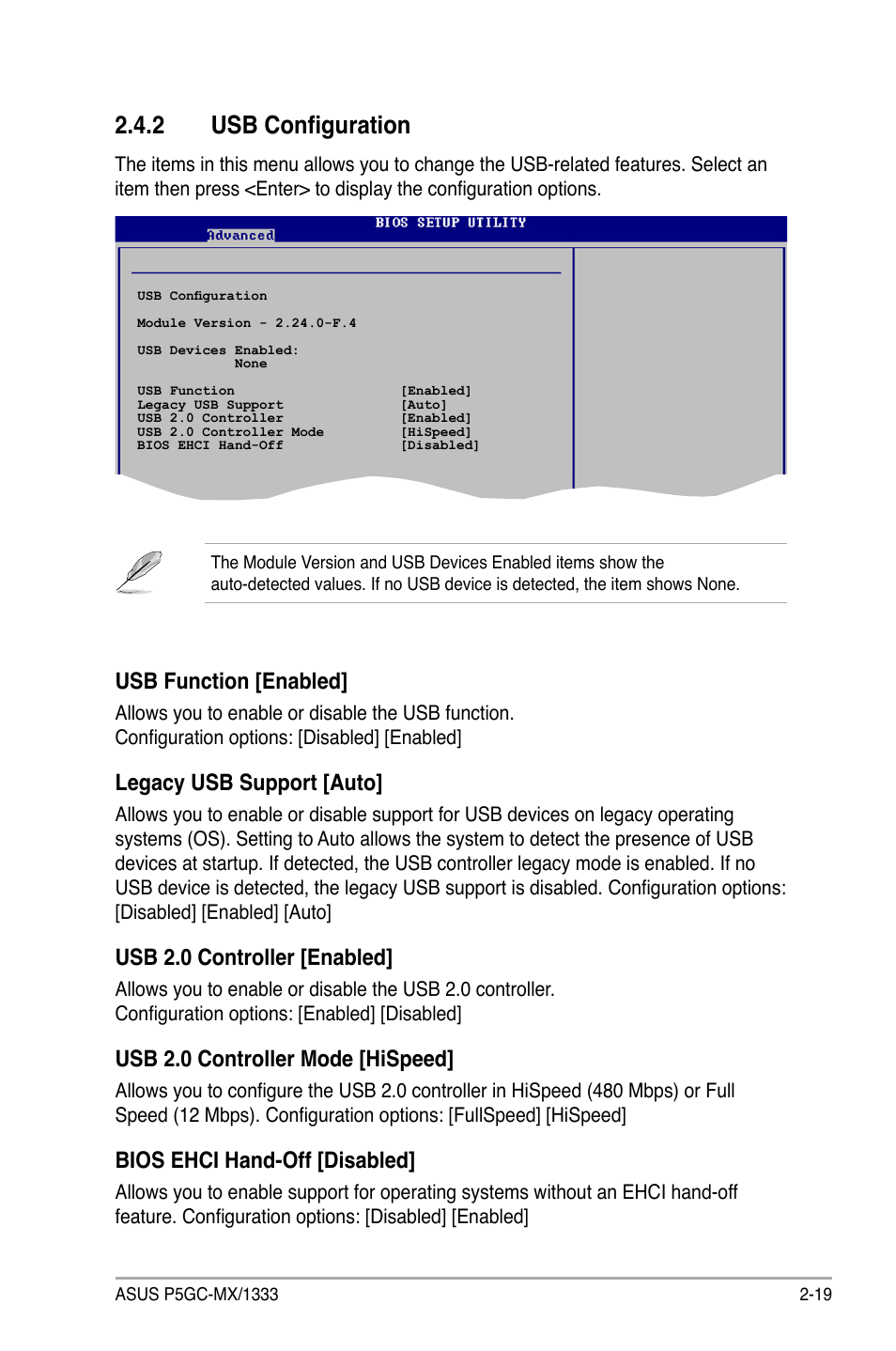 2 usb configuration, Usb function [enabled, Legacy usb support [auto | Usb 2.0 controller [enabled, Usb 2.0 controller mode [hispeed, Bios ehci hand-off [disabled | Asus P5GC-MX/1333 User Manual | Page 65 / 92