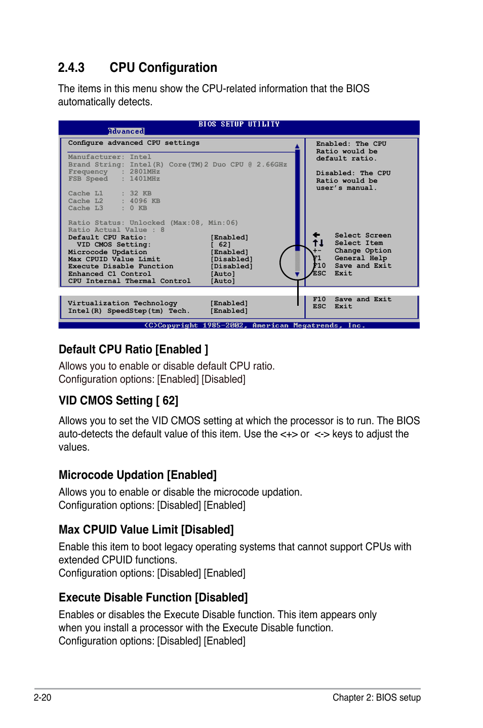 3 cpu configuration, Default cpu ratio [enabled, Vid cmos setting [ 62 | Microcode updation [enabled, Max cpuid value limit [disabled, Execute disable function [disabled | Asus P5GC-MX/1333 User Manual | Page 66 / 92