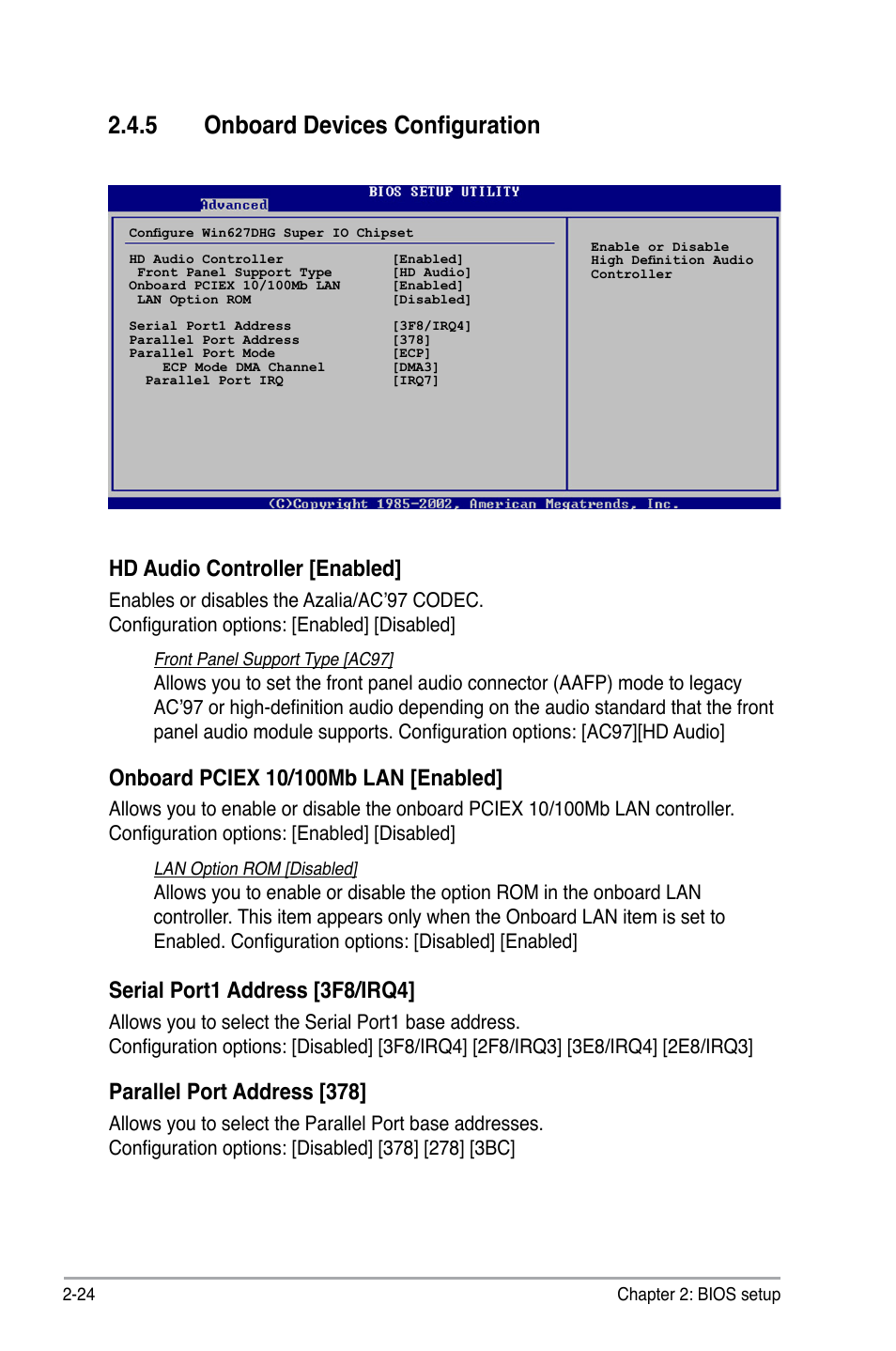 5 onboard devices configuration, Hd audio controller [enabled, Serial port1 address [3f8/irq4 | Parallel port address [378 | Asus P5GC-MX/1333 User Manual | Page 70 / 92