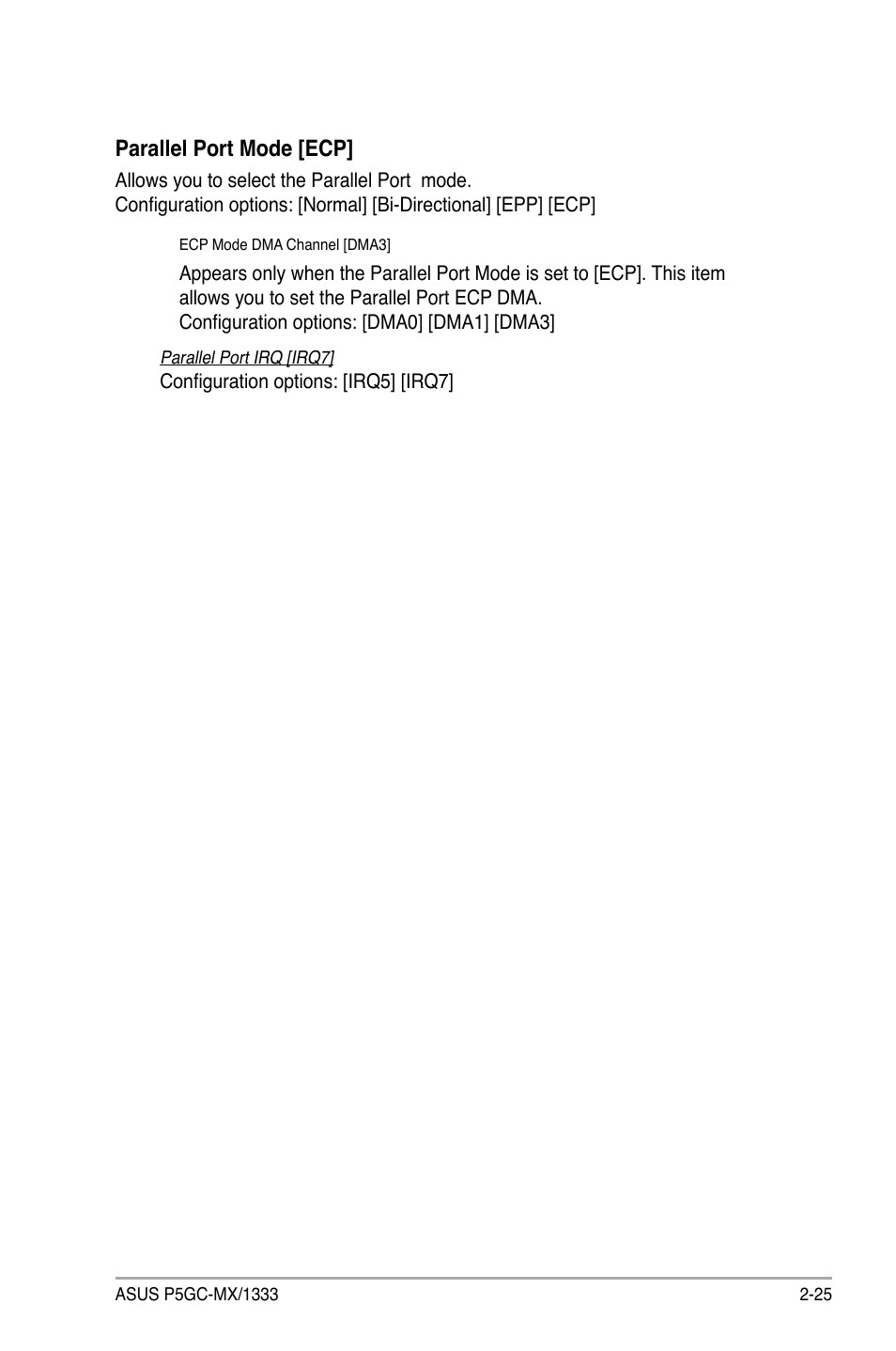 Parallel port mode [ecp | Asus P5GC-MX/1333 User Manual | Page 71 / 92