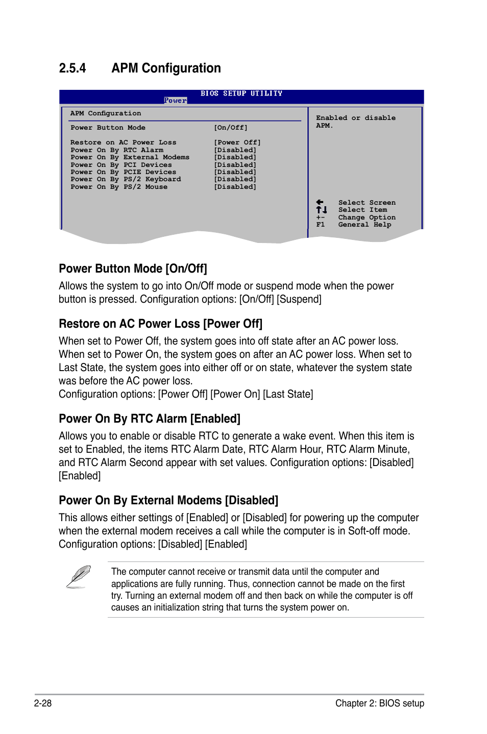 4 apm configuration, Power button mode [on/off, Restore on ac power loss [power off | Power on by rtc alarm [enabled, Power on by external modems [disabled | Asus P5GC-MX/1333 User Manual | Page 74 / 92