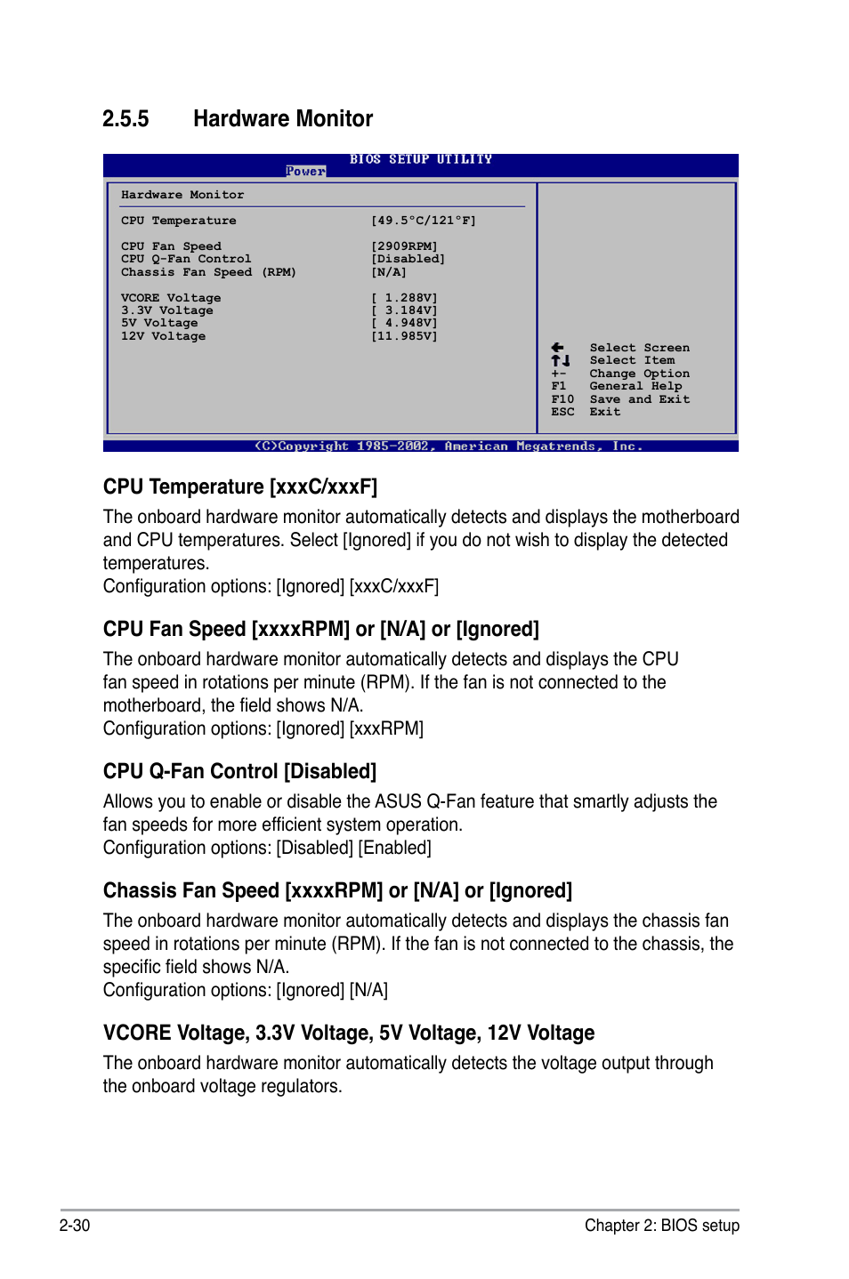 5 hardware monitor, Cpu temperature [xxxc/xxxf, Cpu q-fan control [disabled | Asus P5GC-MX/1333 User Manual | Page 76 / 92