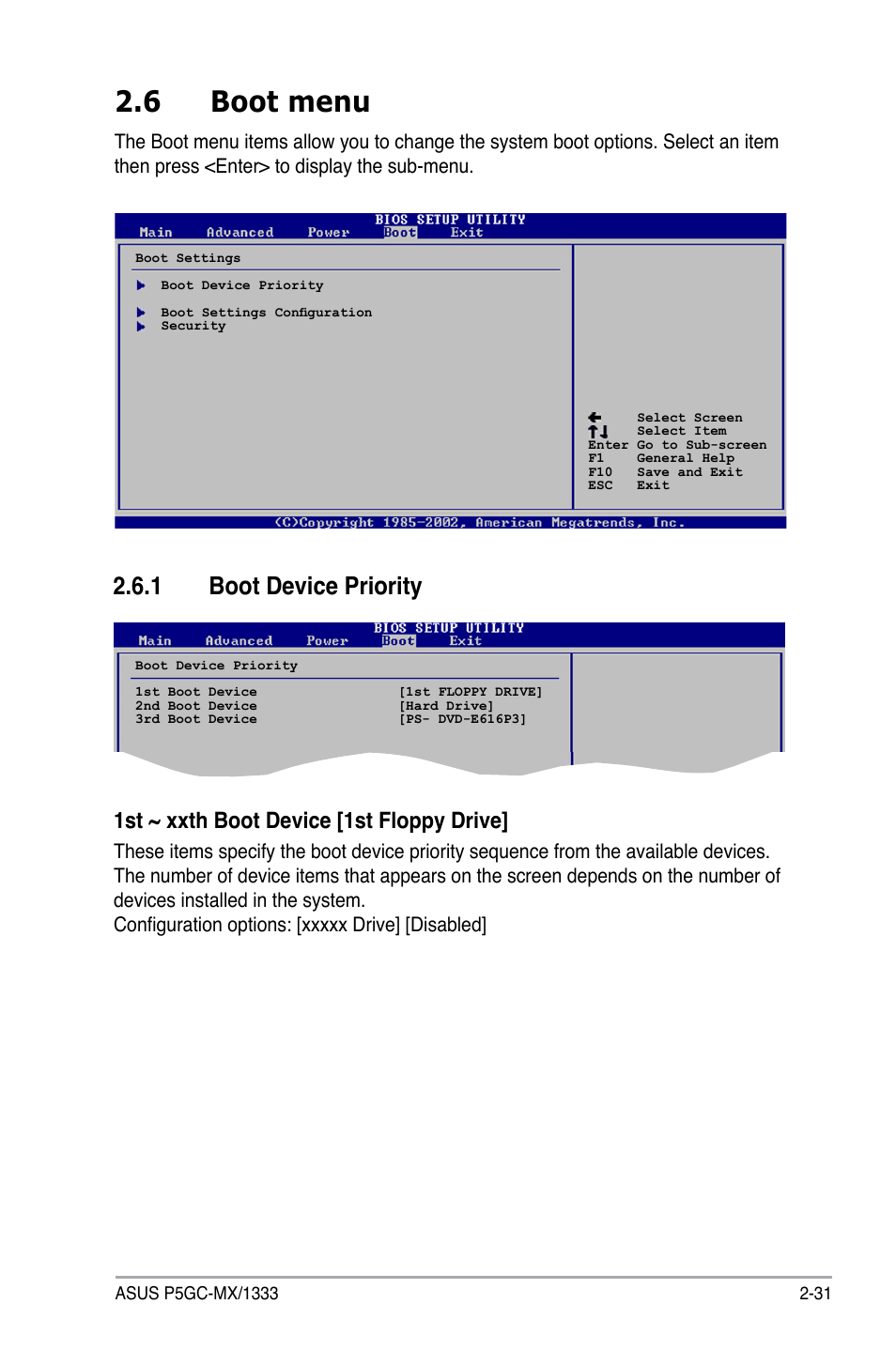 6 boot menu, 1 boot device priority, 1st ~ xxth boot device [1st floppy drive | Asus P5GC-MX/1333 User Manual | Page 77 / 92