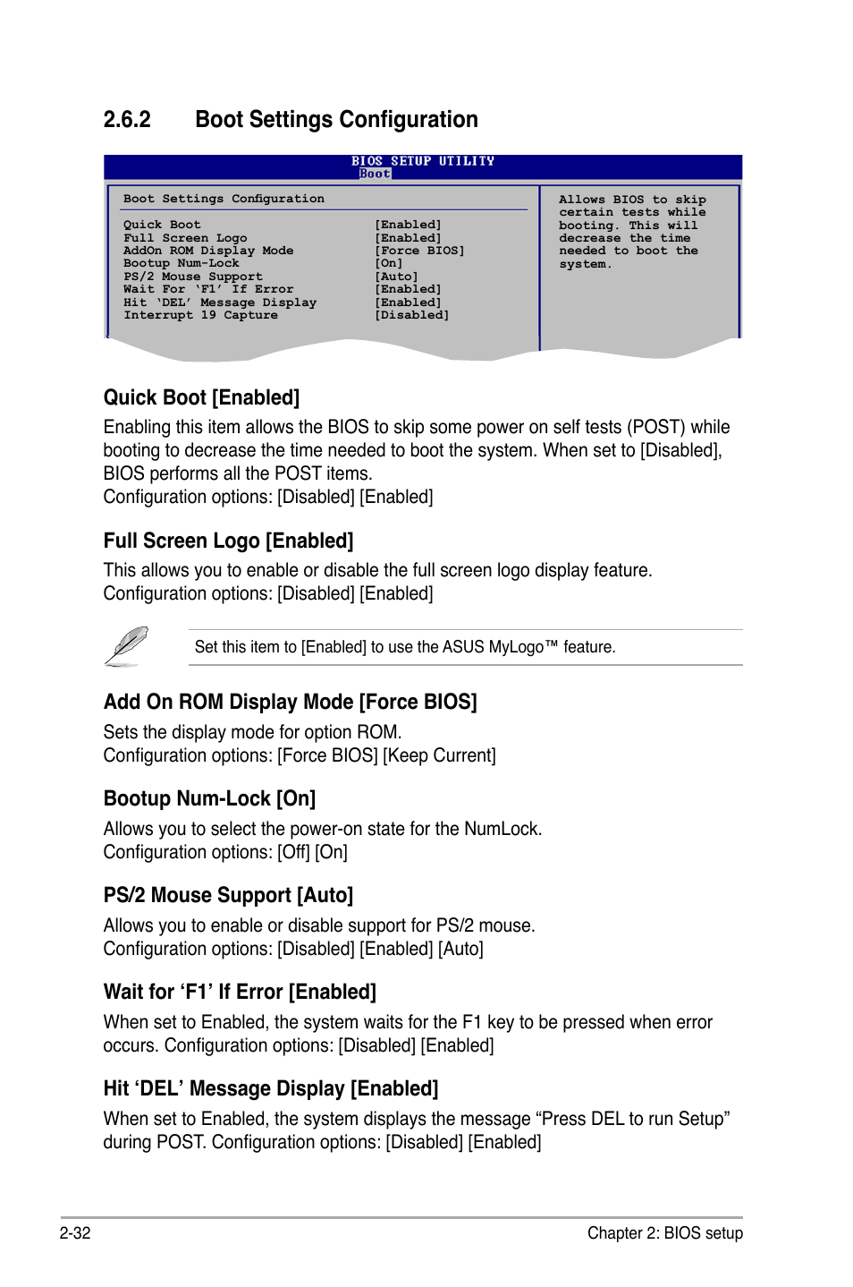 2 boot settings configuration, Quick boot [enabled, Full screen logo [enabled | Add on rom display mode [force bios, Bootup num-lock [on, Ps/2 mouse support [auto, Wait for ‘f1’ if error [enabled, Hit ‘del’ message display [enabled | Asus P5GC-MX/1333 User Manual | Page 78 / 92