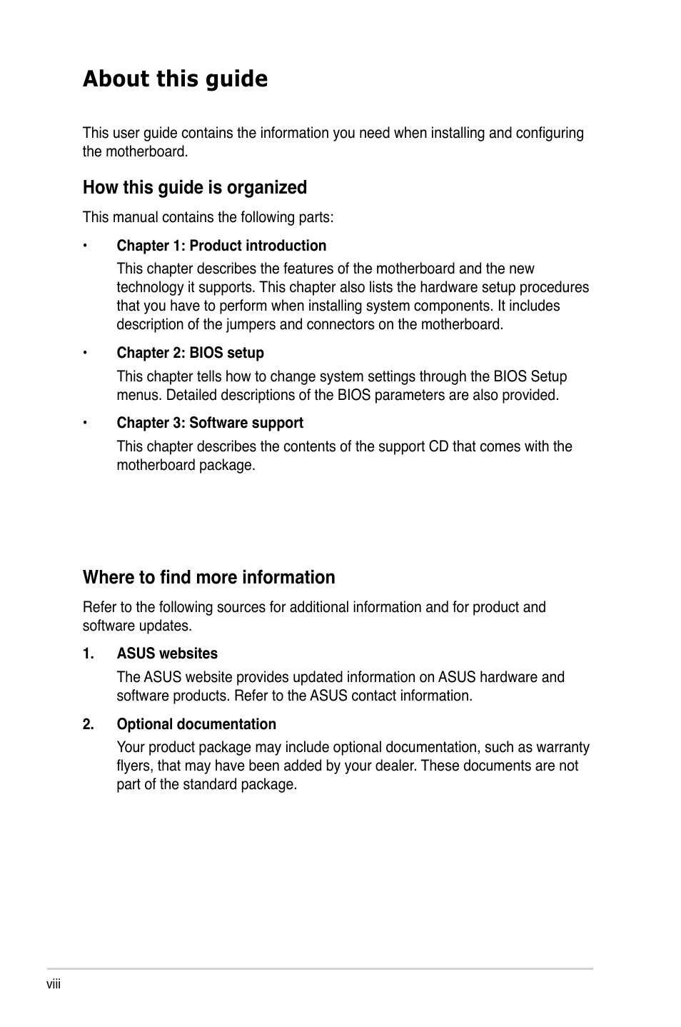 About this guide, How this guide is organized, Where to find more information | Asus P5GC-MX/1333 User Manual | Page 8 / 92