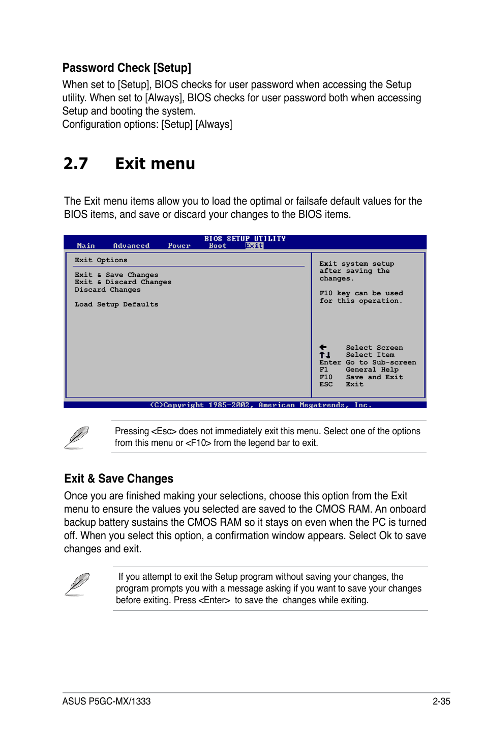 7 exit menu, Exit & save changes, Password check [setup | Asus P5GC-MX/1333 User Manual | Page 81 / 92