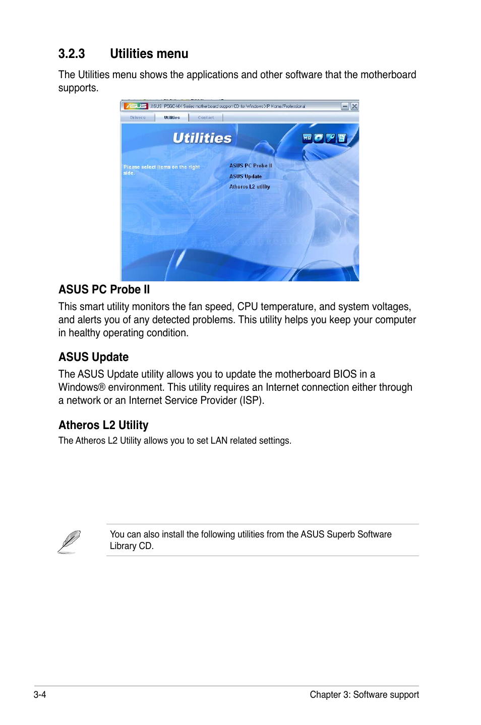 3 utilities menu | Asus P5GC-MX/1333 User Manual | Page 86 / 92