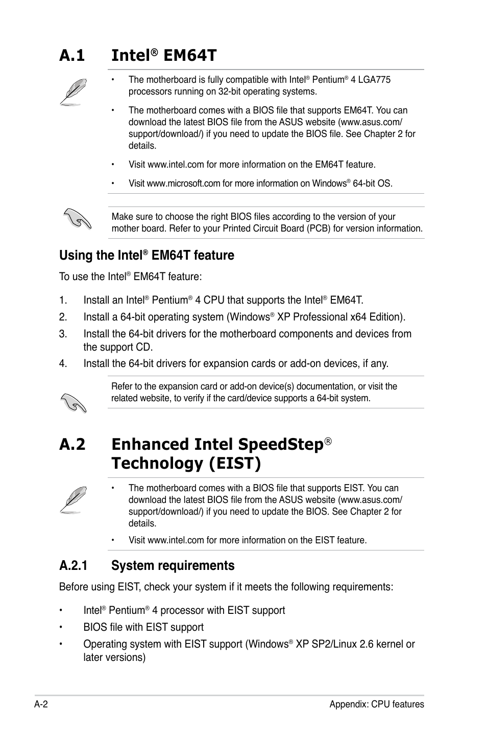 A.1 intel, Em64t, A.2 enhanced intel speedstep | Technology (eist), Using the intel, Em64t feature, A.2.1 system requirements | Asus P5GC-MX/1333 User Manual | Page 90 / 92