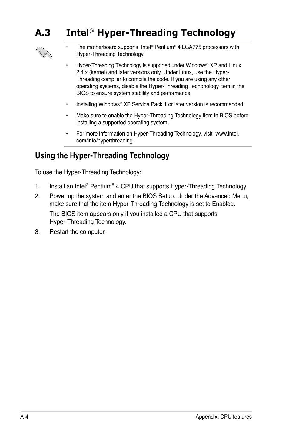 A.3 intel, Hyper-threading technology, Using the hyper-threading technology | Asus P5GC-MX/1333 User Manual | Page 92 / 92