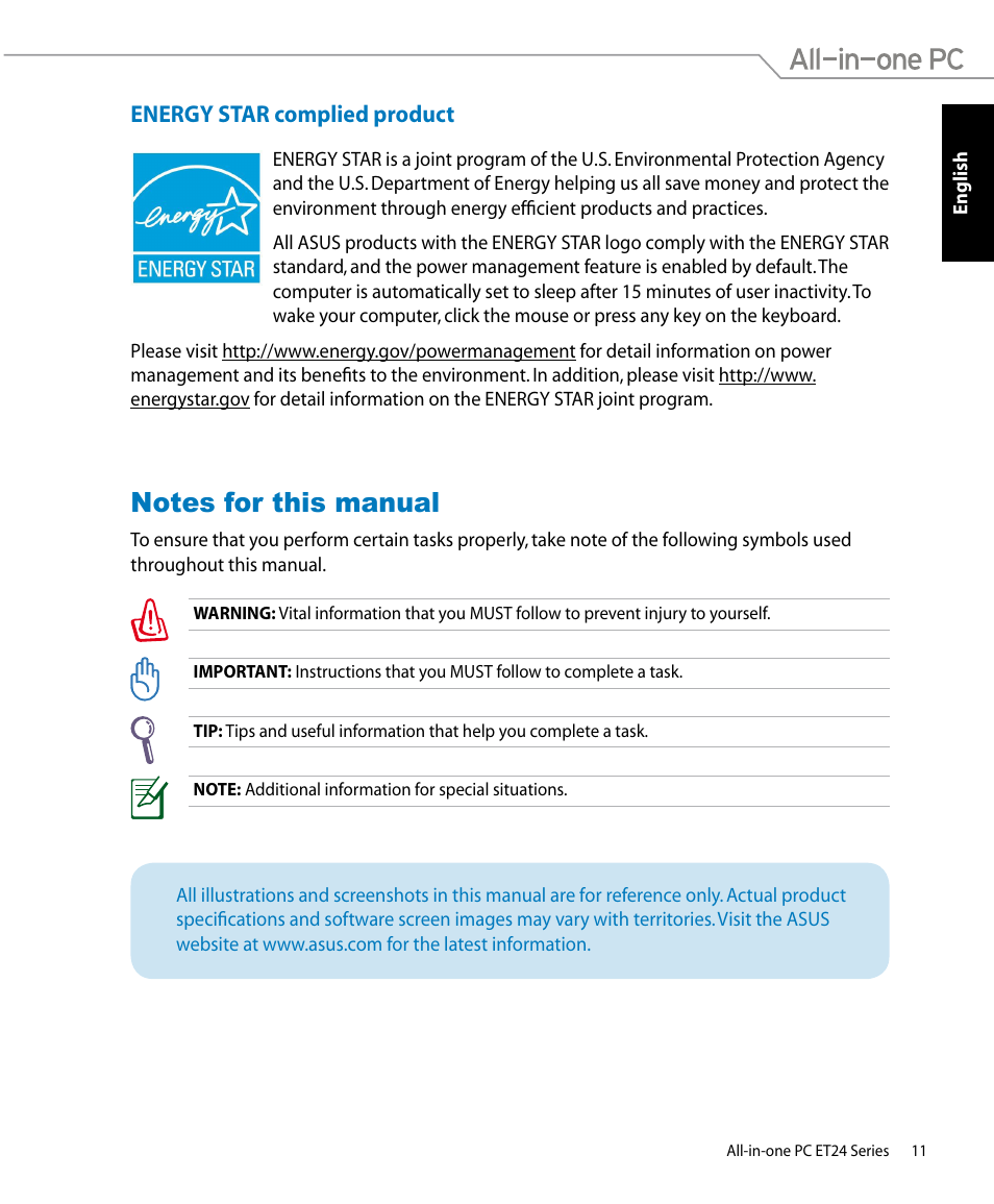 Energy star complied product, Notes for this manual | Asus ET2400IUTS User Manual | Page 11 / 48