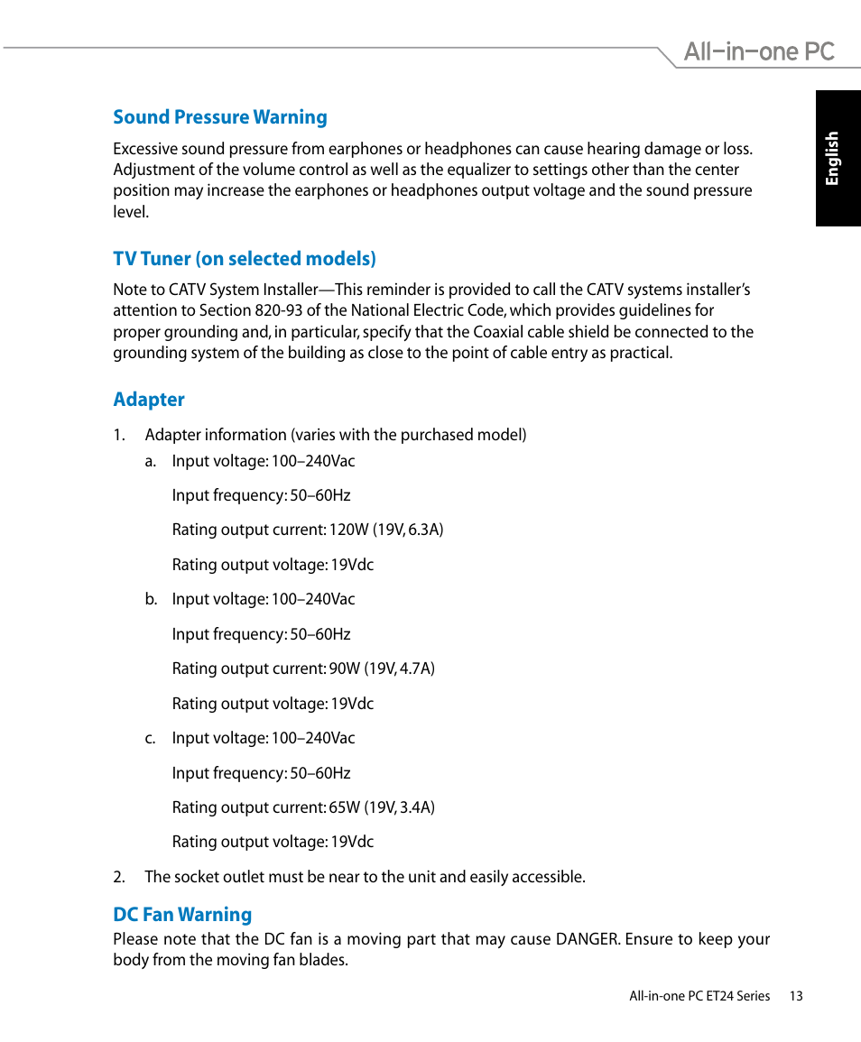 Sound pressure warning, Tv tuner (on selected models), Adapter | Dc fan warning | Asus ET2400IUTS User Manual | Page 13 / 48