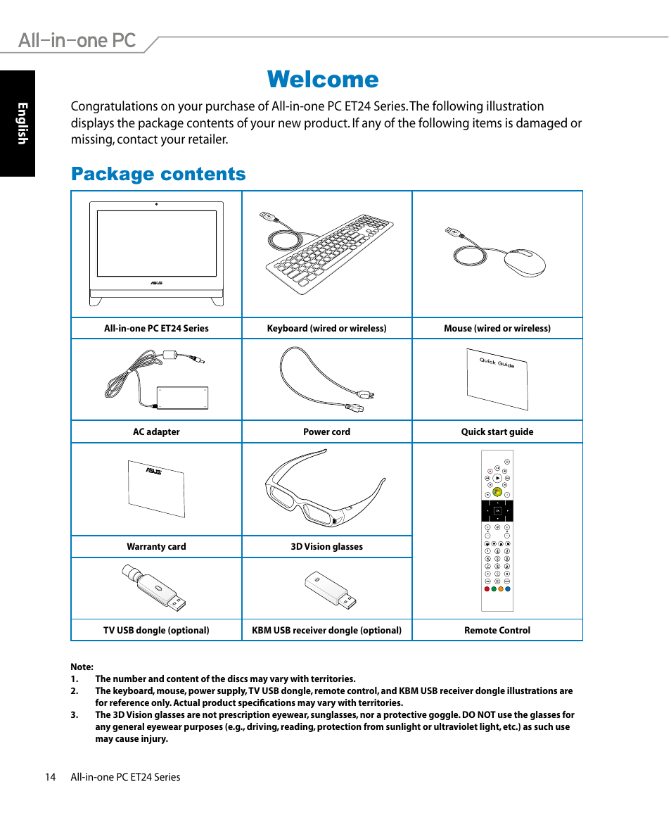 Welcome, Package contents, English | Asus ET2400IUTS User Manual | Page 14 / 48