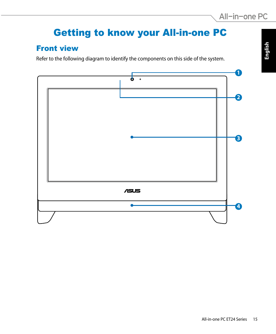 Getting to know your all-in-one pc, Front view | Asus ET2400IUTS User Manual | Page 15 / 48