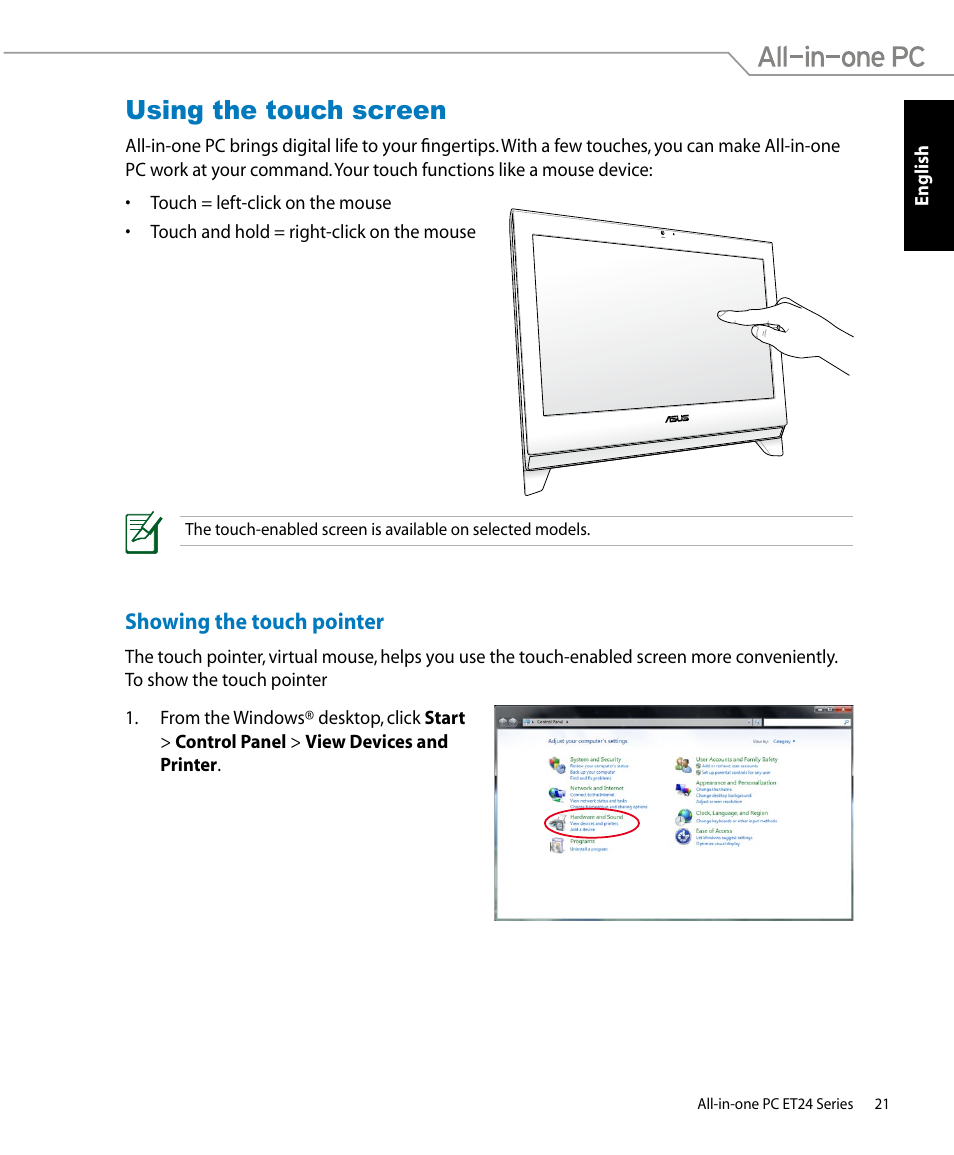 Using the touch screen, Showing the touch pointer | Asus ET2400IUTS User Manual | Page 21 / 48