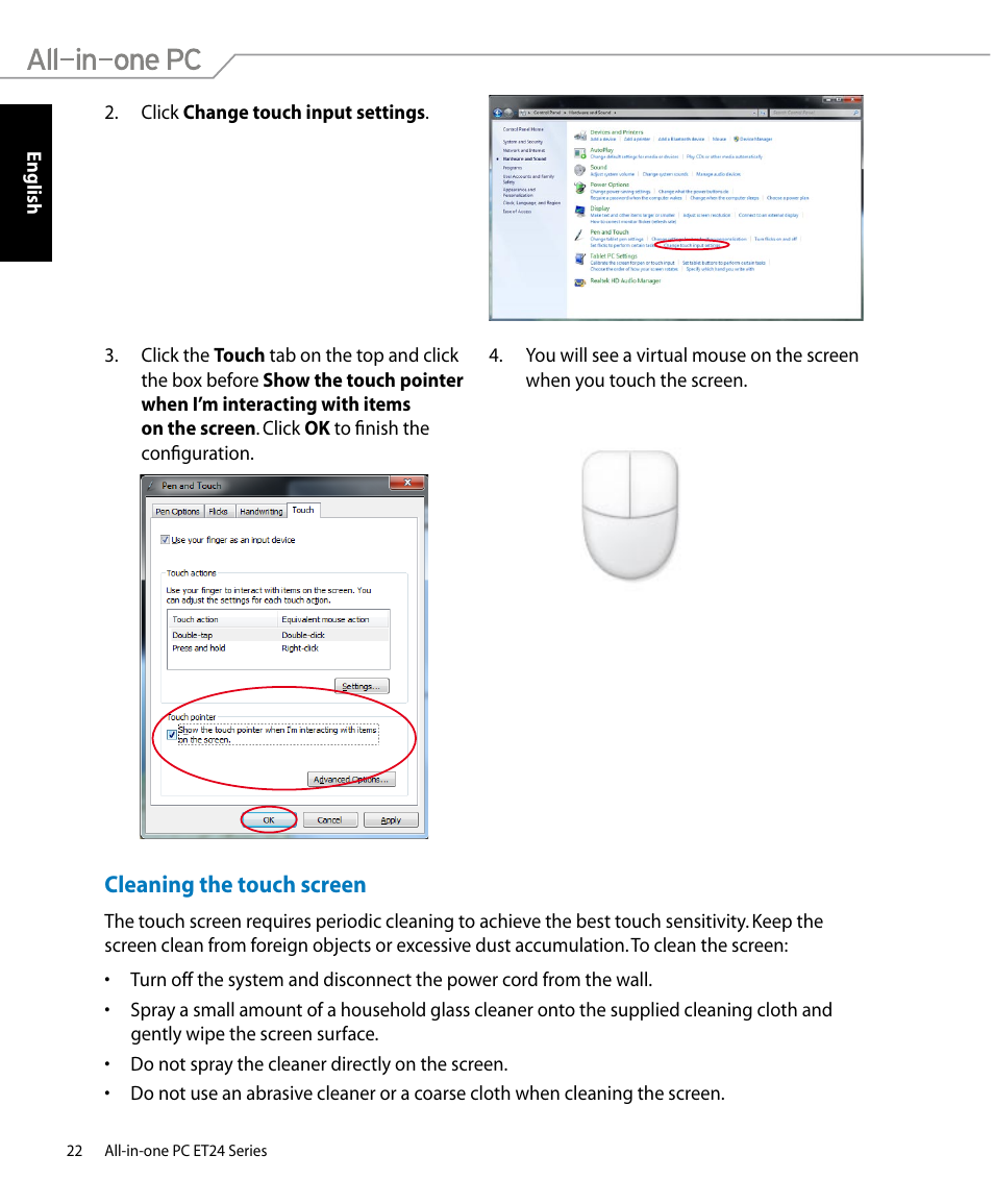 Cleaning the touch screen | Asus ET2400IUTS User Manual | Page 22 / 48