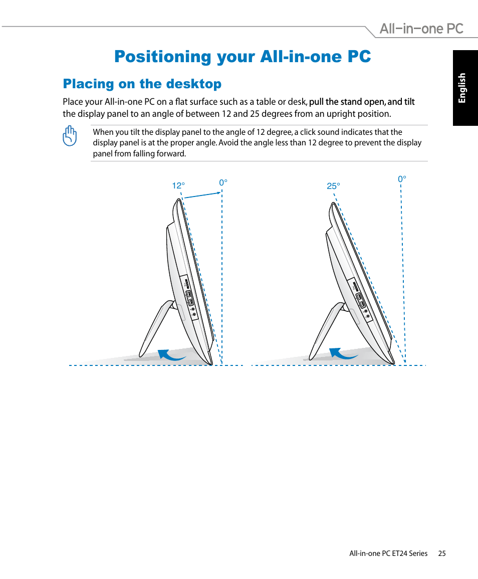 Positioning your all-in-one pc, Placing on the desktop | Asus ET2400IUTS User Manual | Page 25 / 48