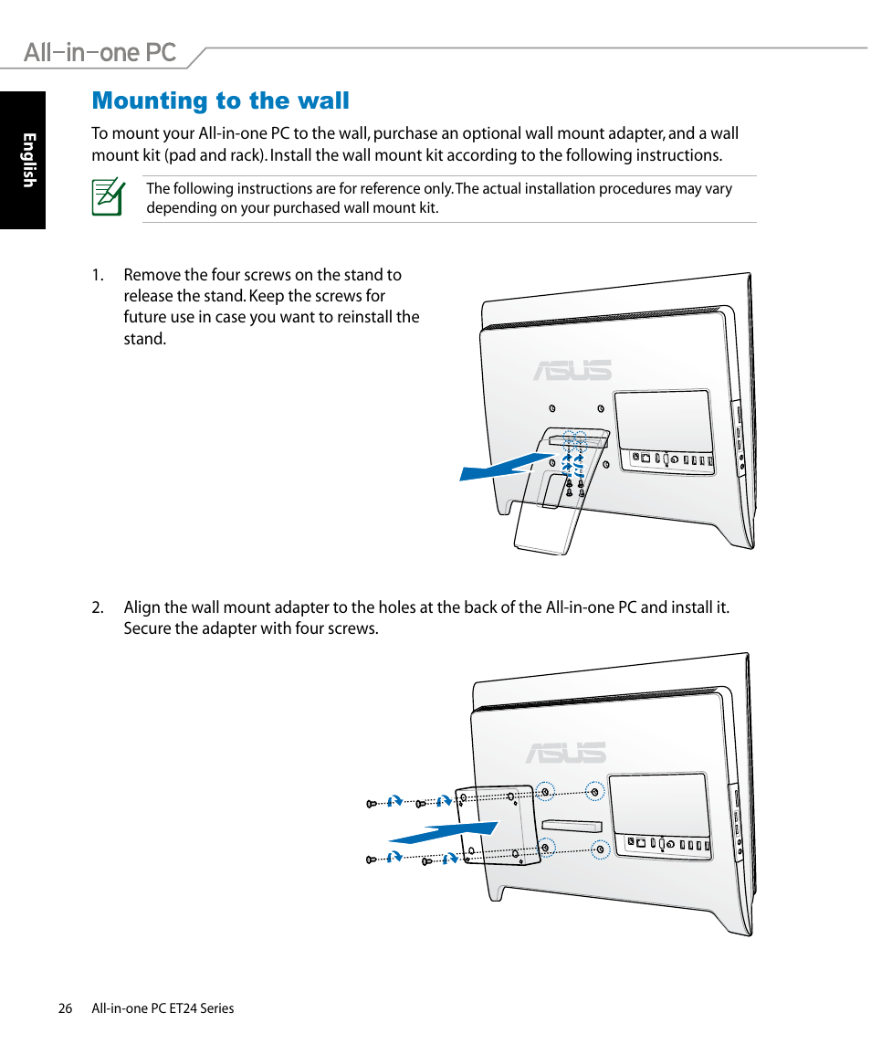 Mounting to the wall | Asus ET2400IUTS User Manual | Page 26 / 48