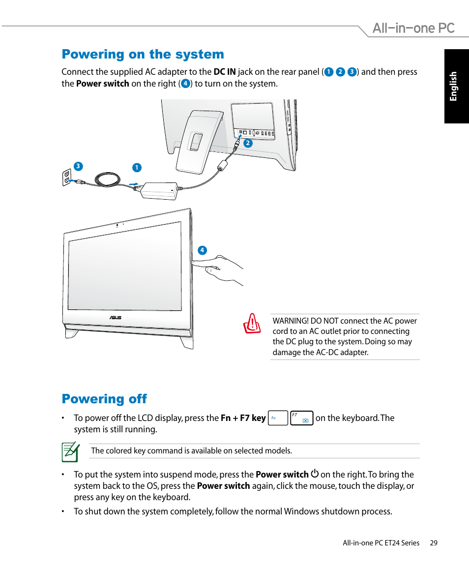 Powering on the system, Powering off, Powering on the system powering off | Asus ET2400IUTS User Manual | Page 29 / 48