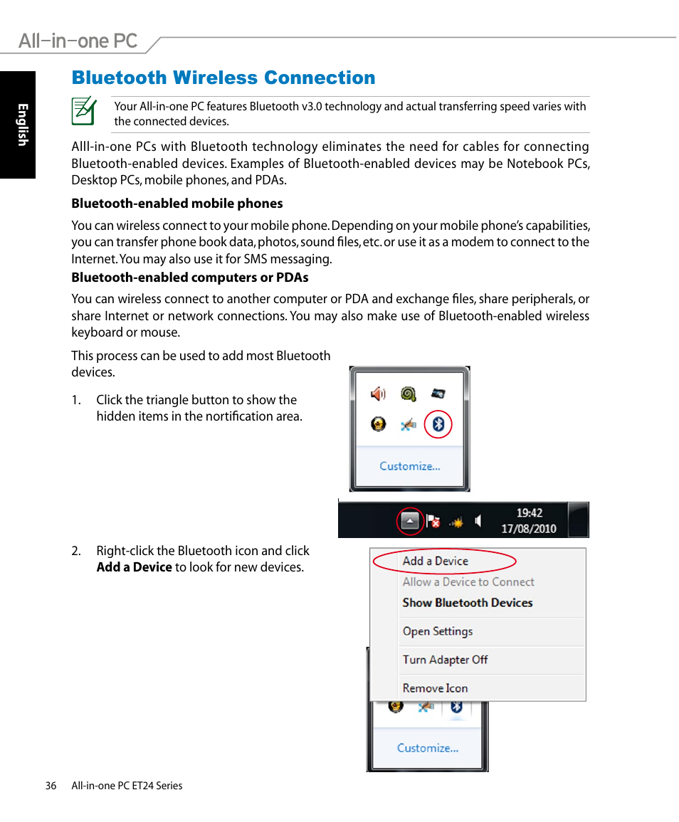 Bluetooth wireless connection | Asus ET2400IUTS User Manual | Page 36 / 48