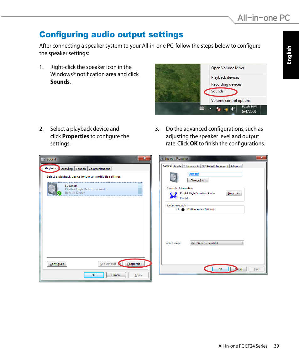 Configuring audio output settings | Asus ET2400IUTS User Manual | Page 39 / 48