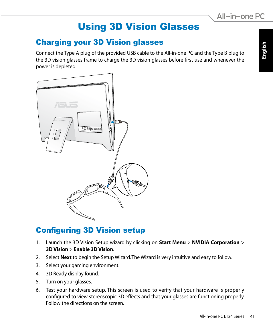 Using 3d vision glasses, Charging your 3d vision glasses, Configuring 3d vision setup | Asus ET2400IUTS User Manual | Page 41 / 48