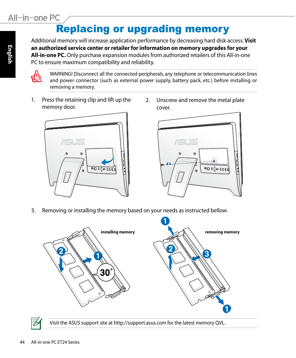 Replacing or upgrading memory | Asus ET2400IUTS User Manual | Page 44 / 48