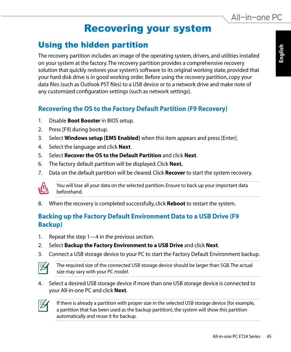 Recovering your system, Using the hidden partition, To a usb drive (f9 backup) | Asus ET2400IUTS User Manual | Page 45 / 48