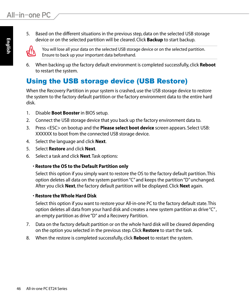 Using the usb storage device (usb restore) | Asus ET2400IUTS User Manual | Page 46 / 48