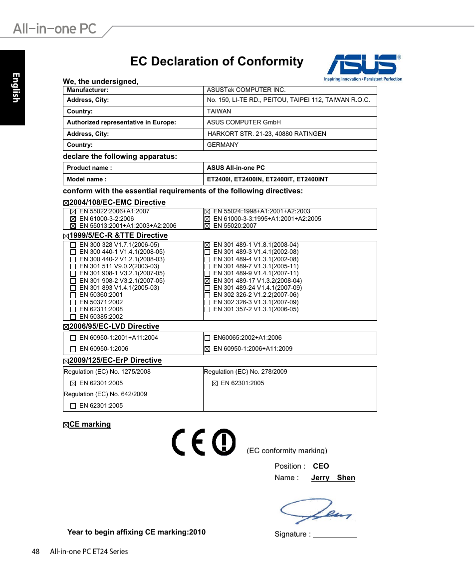 Ec declaration of conformity, English | Asus ET2400IUTS User Manual | Page 48 / 48