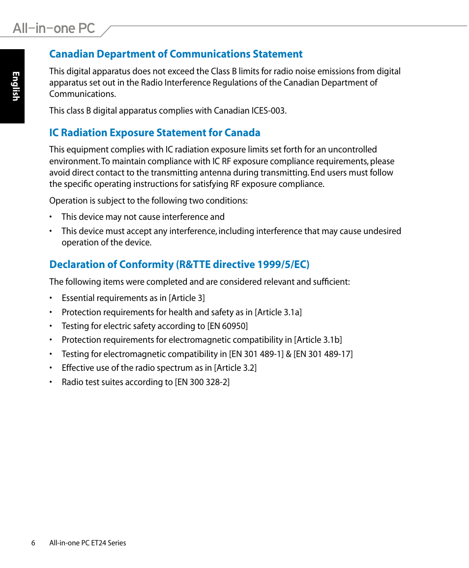 Canadian department of communications statement, Ic radiation exposure statement for canada | Asus ET2400IUTS User Manual | Page 6 / 48