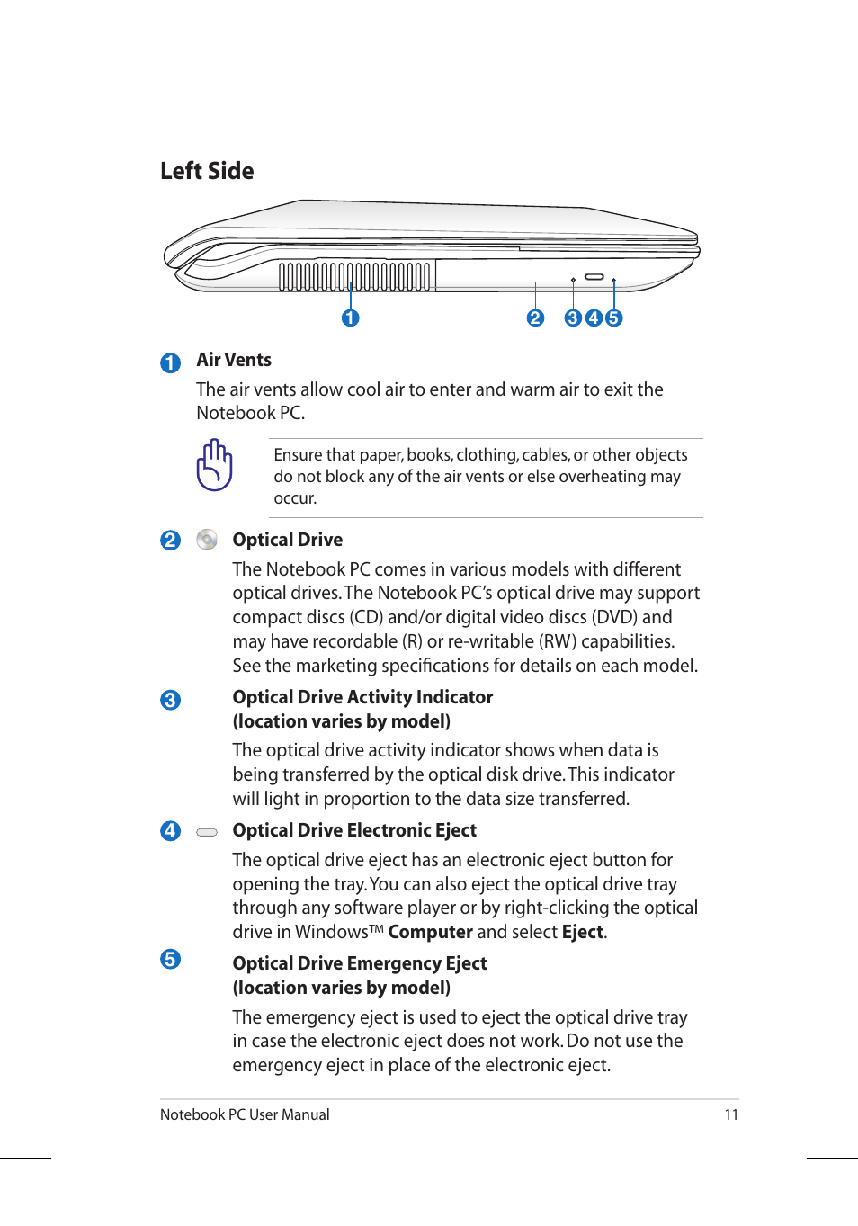 Left side | Asus X7BJQ User Manual | Page 11 / 28