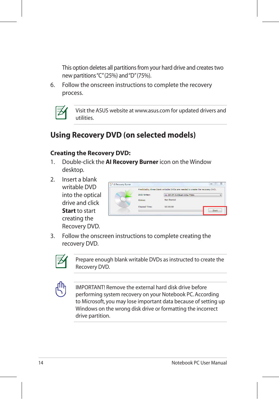 Using recovery dvd (on selected models) | Asus X7BJQ User Manual | Page 14 / 28